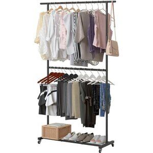 Double Rod Clothing Garment Rack, Rolling Clothes Organizer on Wheels